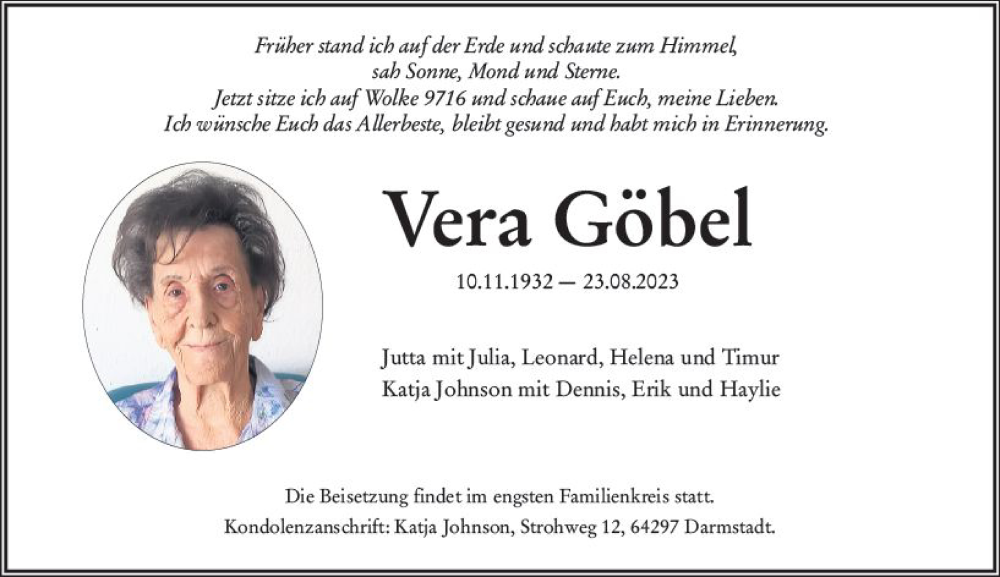  Traueranzeige für Vera Göbel vom 09.09.2023 aus Darmstädter Echo