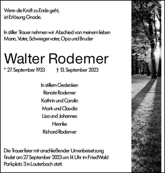 Traueranzeige von Walter Rodemer von VRM Trauer