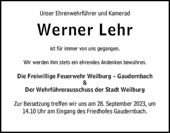 Traueranzeige von Werner Lehr von Weilburger Tageblatt