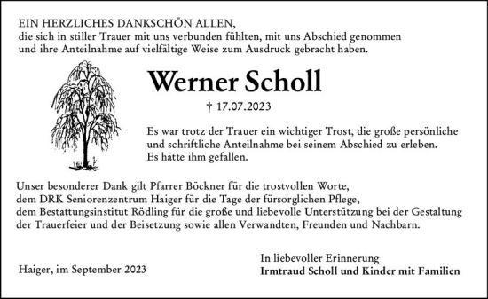 Traueranzeige von Werner Scholl von Dill Block