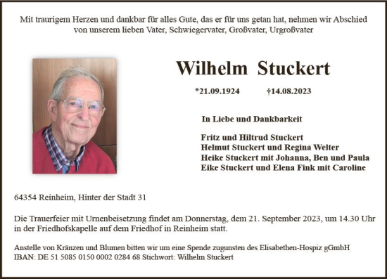 Traueranzeige von Wilhelm Stuckert von Darmstädter Echo