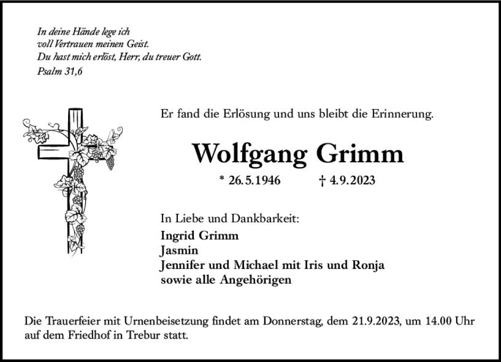  Traueranzeige für Wolfgang Grimm vom 18.09.2023 aus Rüsselsheimer Echo