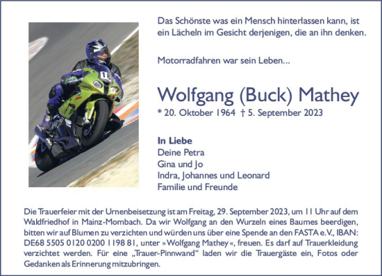 Traueranzeige von Wolfgang Mathey von Allgemeine Zeitung Mainz