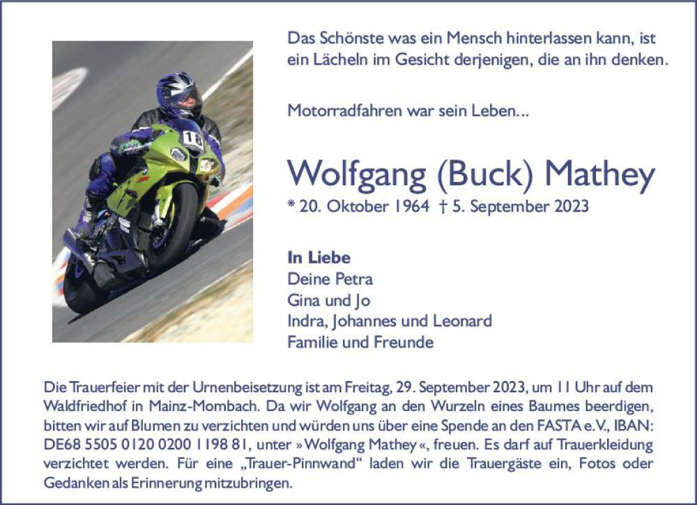  Traueranzeige für Wolfgang Mathey vom 23.09.2023 aus Allgemeine Zeitung Mainz