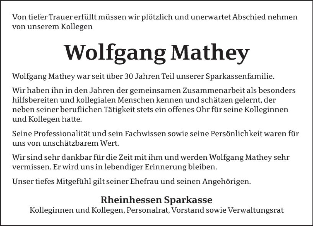  Traueranzeige für Wolfgang Mathey vom 23.09.2023 aus Allgemeine Zeitung Alzey