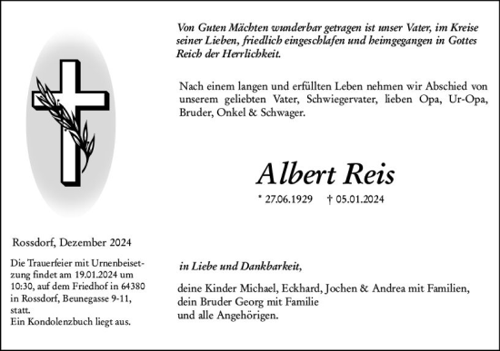 Traueranzeige von Albert Reis von Wormser Zeitung