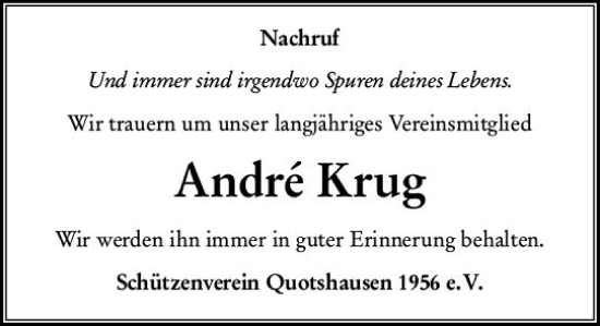 Traueranzeige von Andre Krug von Hinterländer Anzeiger