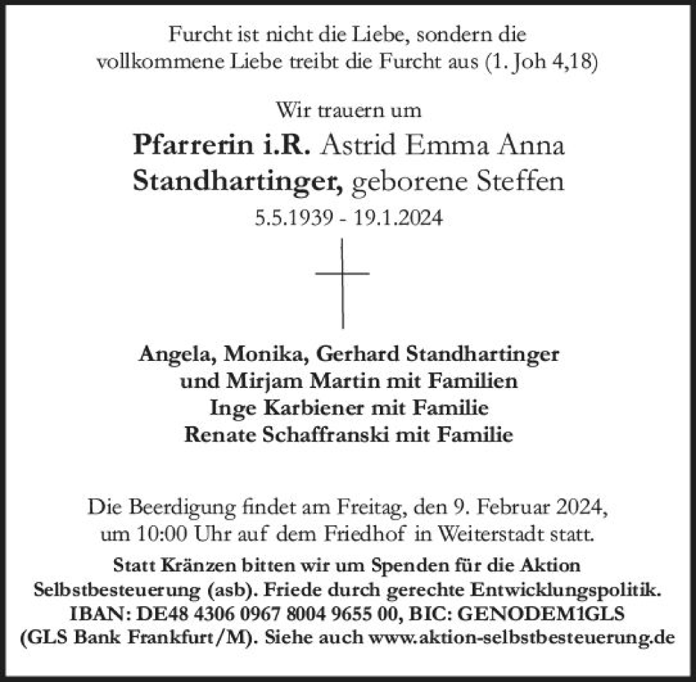  Traueranzeige für Astrid Emma Anna Standhartinger vom 27.01.2024 aus Darmstädter Echo
