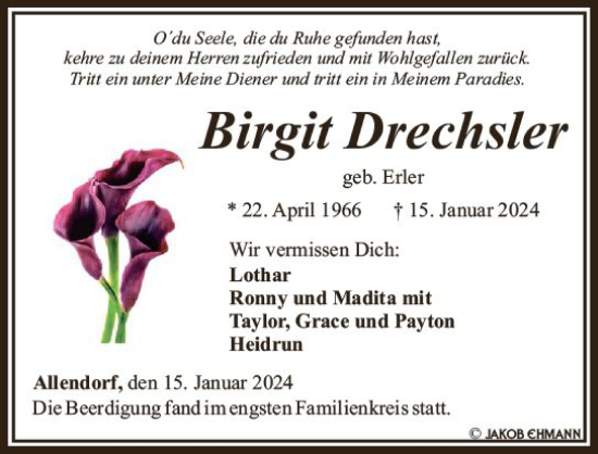 Traueranzeige von Birgit Drechsler von Weilburger Tageblatt