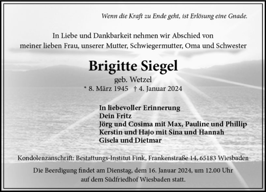 Traueranzeige von Brigitte Siegel von Wiesbadener Kurier