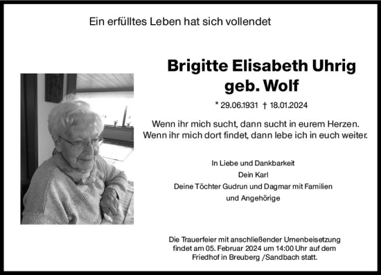 Traueranzeige von Brigitte Elisabeth Uhrig von Odenwälder Echo