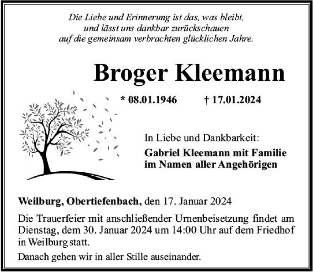  Traueranzeige für Broger Kleemann vom 27.01.2024 aus Weilburger Tageblatt