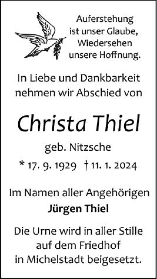 Traueranzeige von Christa Thiel von Odenwälder Echo