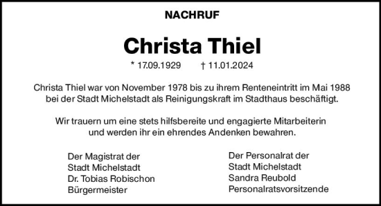 Traueranzeige von Christa Thiel von Odenwälder Echo