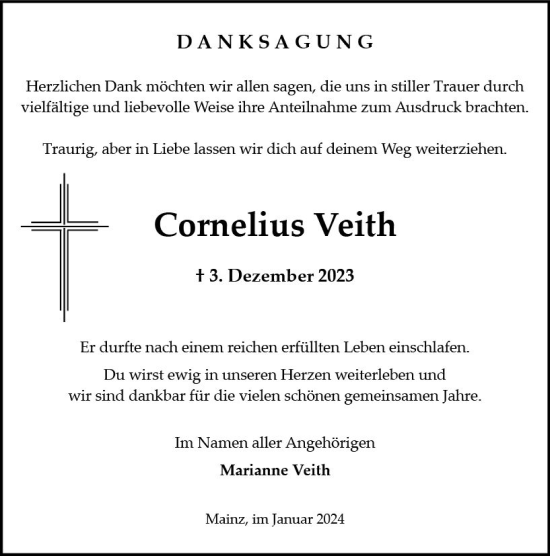 Traueranzeige von Cornelius Veith von Allgemeine Zeitung Mainz