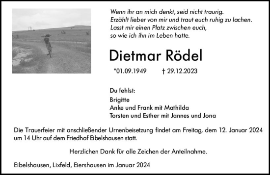 Traueranzeige von Dietmar Rödel von Dill Block