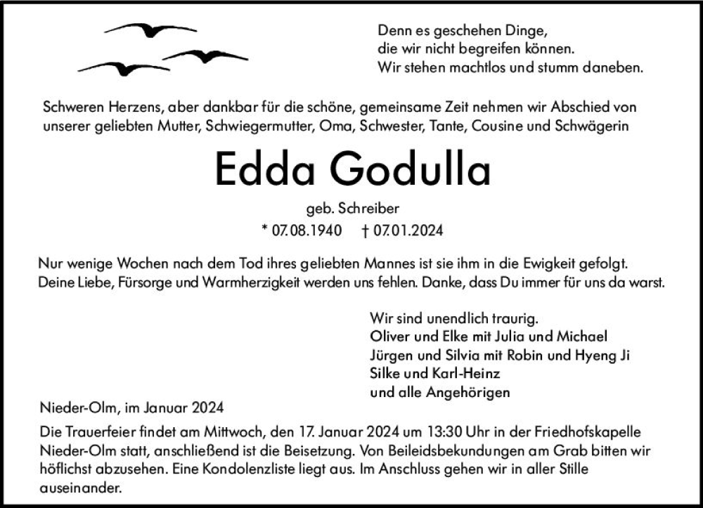  Traueranzeige für Edda Godulla vom 13.01.2024 aus Allgemeine Zeitung Mainz