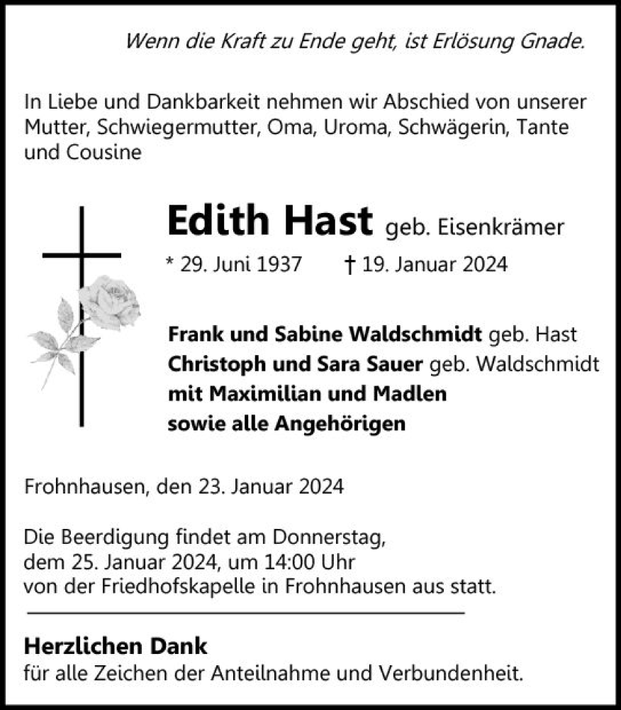  Traueranzeige für Edith Hast vom 23.01.2024 aus Dill Block