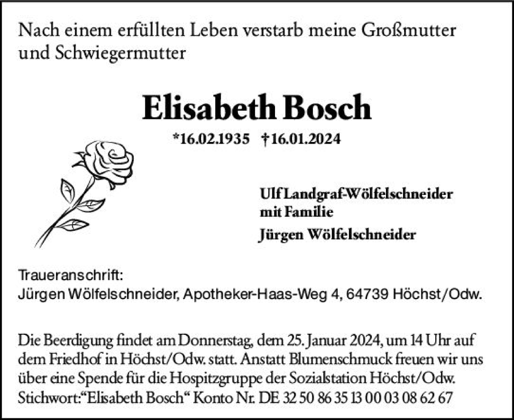  Traueranzeige für Elisabeth Bosch vom 20.01.2024 aus Odenwälder Echo