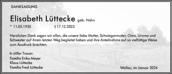 Traueranzeige von Elisabeth Lüttecke von Hinterländer Anzeiger