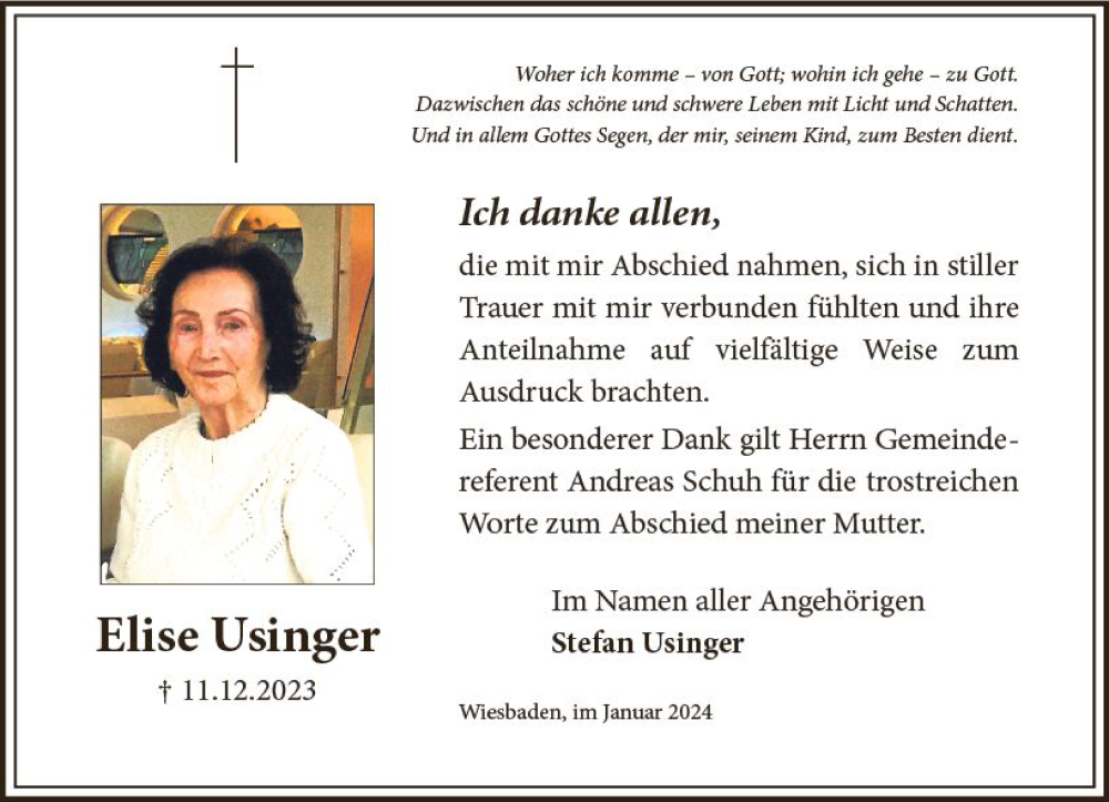 Traueranzeige für Elise Usinger vom 13.01.2024 aus Wiesbadener Kurier