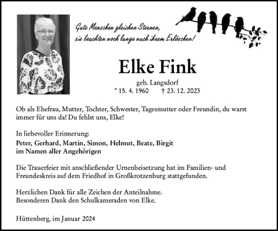 Traueranzeige von Elke Fink von Wetzlarer Neue Zeitung