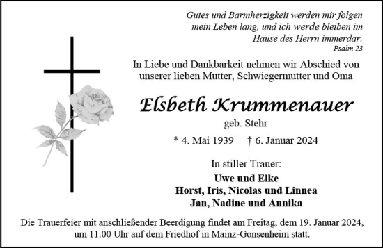 Traueranzeige von Elsbeth Krummenauer von Allgemeine Zeitung Mainz