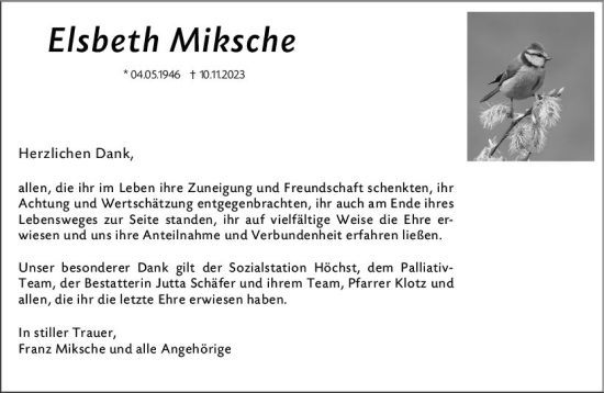 Traueranzeige von Elsbeth Miksche von Odenwälder Echo