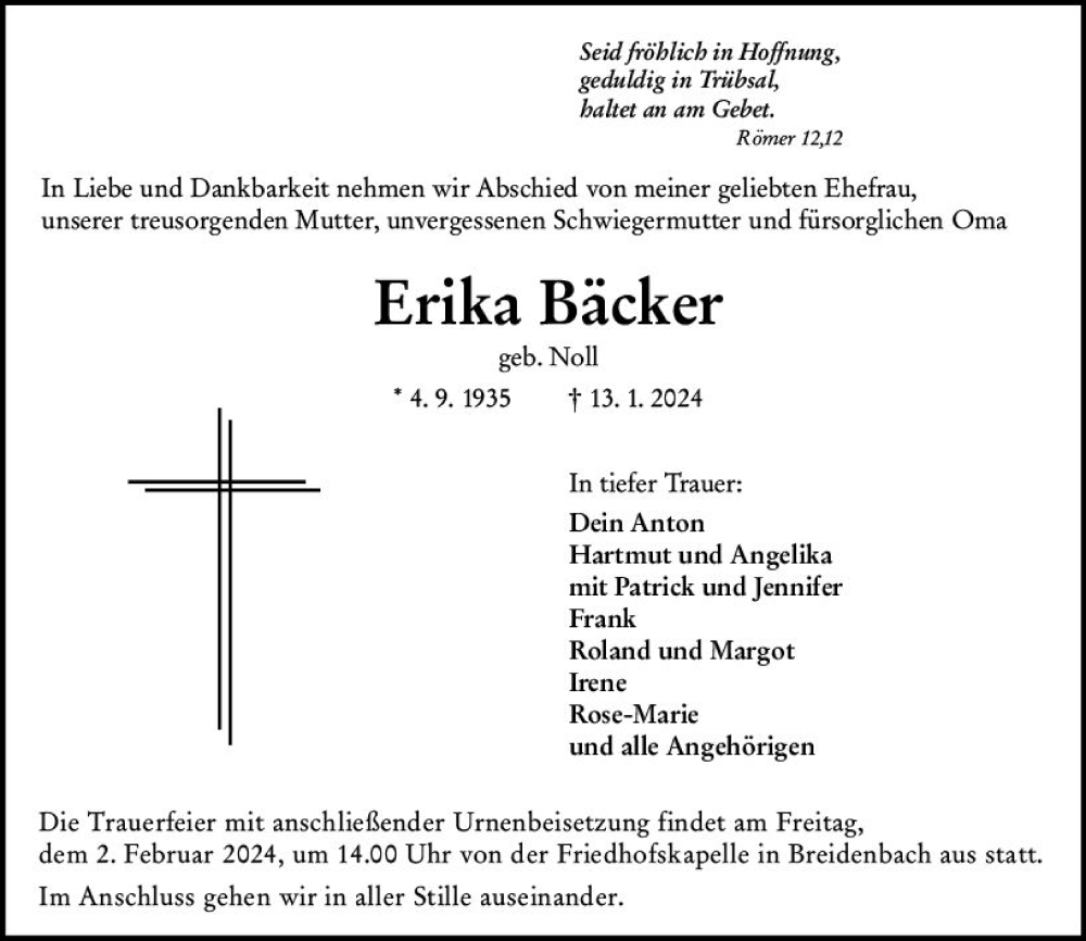  Traueranzeige für Erika Bäcker vom 29.01.2024 aus Hinterländer Anzeiger