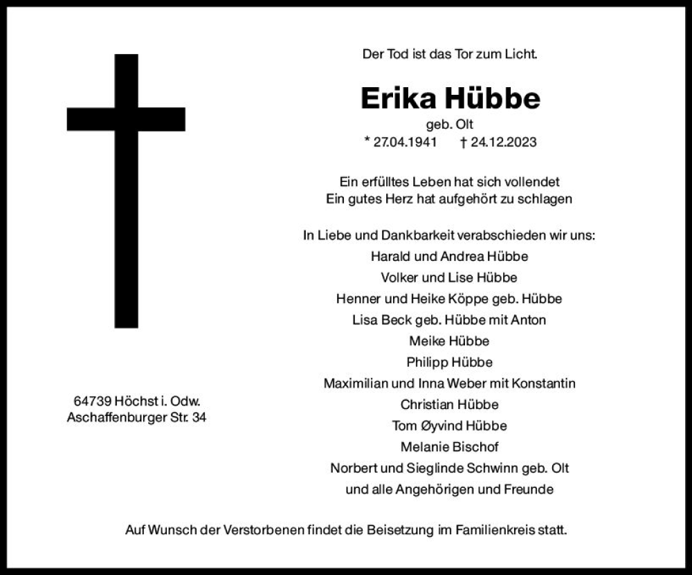  Traueranzeige für Erika Hübbe vom 13.01.2024 aus Odenwälder Echo