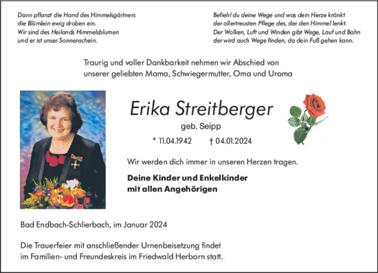 Traueranzeige von Erika Streitberger von Hinterländer Anzeiger