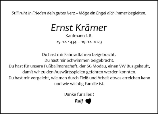 Traueranzeige von Ernst Krämer von Bergsträßer Anzeiger