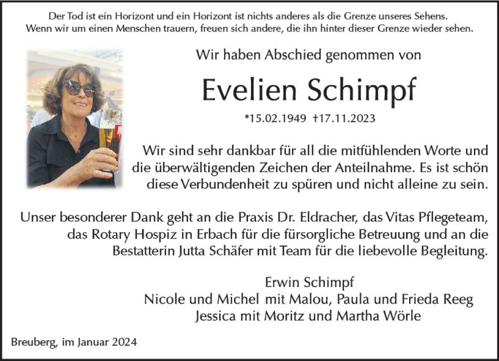  Traueranzeige für Evelien Schimpf vom 13.01.2024 aus Odenwälder Echo