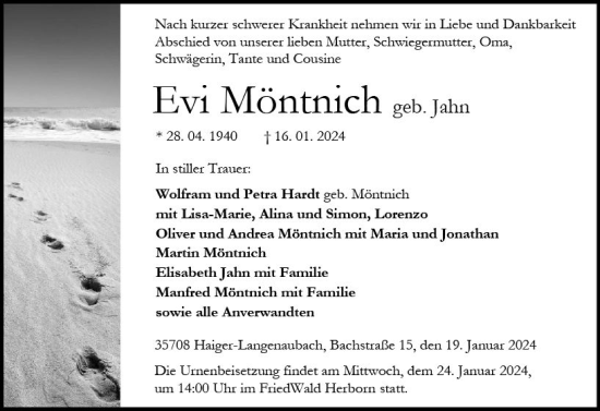 Traueranzeige von Evi Möntnich von Dill Block