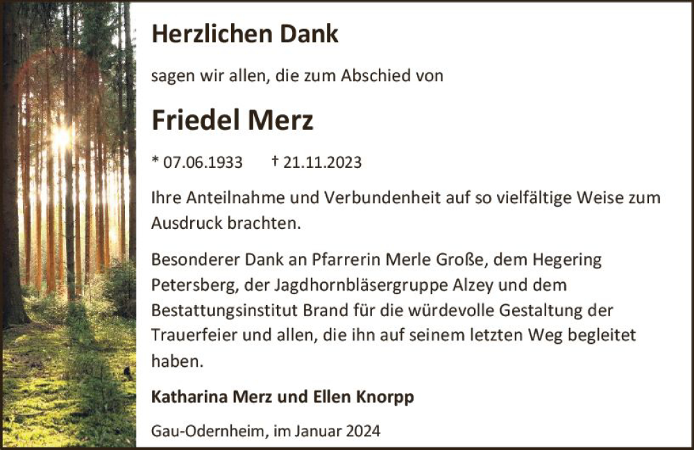  Traueranzeige für Friedel Merz vom 13.01.2024 aus Allgemeine Zeitung Alzey