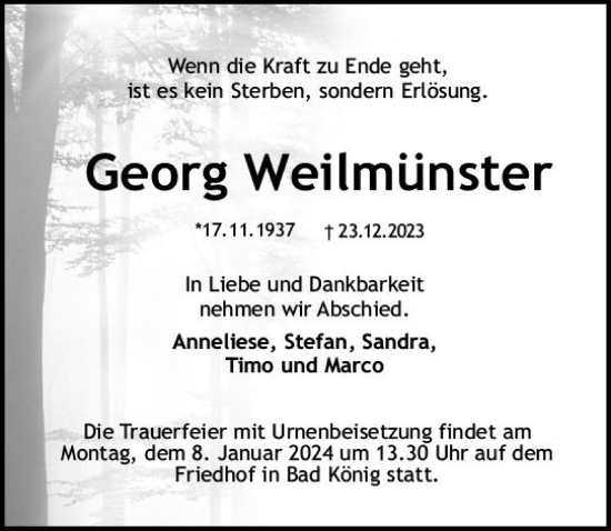 Traueranzeige von Georg Weilmünster von Odenwälder Echo