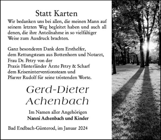 Traueranzeige von Gerd-Dieter Achenbach von Hinterländer Anzeiger