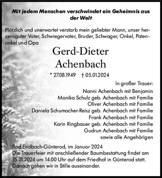 Traueranzeige von Gerd-Dieter Achenbach von Hinterländer Anzeiger