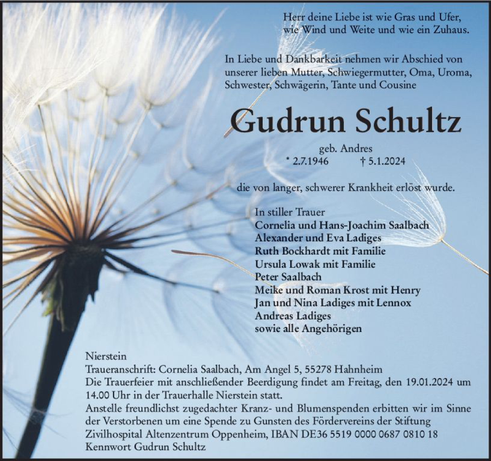 Traueranzeige für Gudrun Schultz vom 13.01.2024 aus Allgemeine Zeitung Mainz