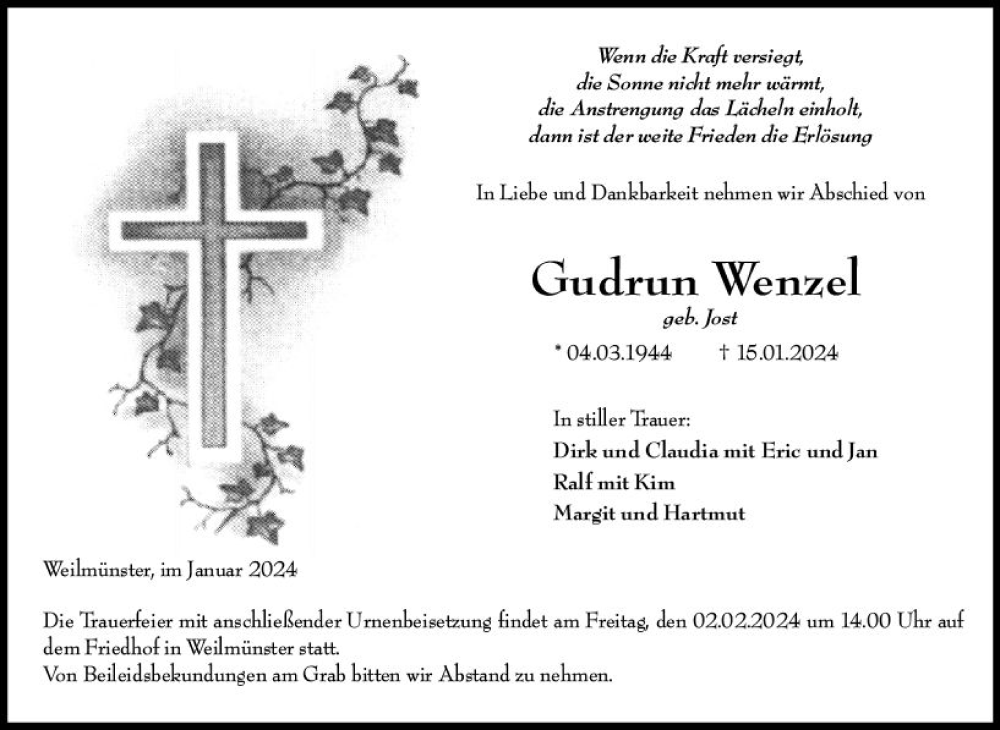  Traueranzeige für Gudrun Wenzel vom 30.01.2024 aus Weilburger Tageblatt
