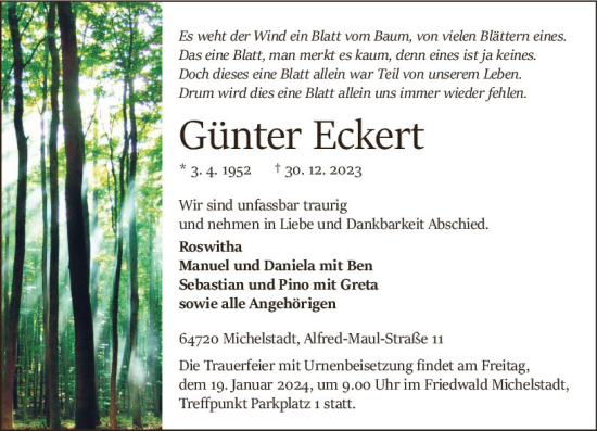 Traueranzeige von Günter Eckert von Odenwälder Echo