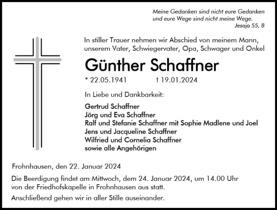 Traueranzeige von Günther Schaffner von Dill Block