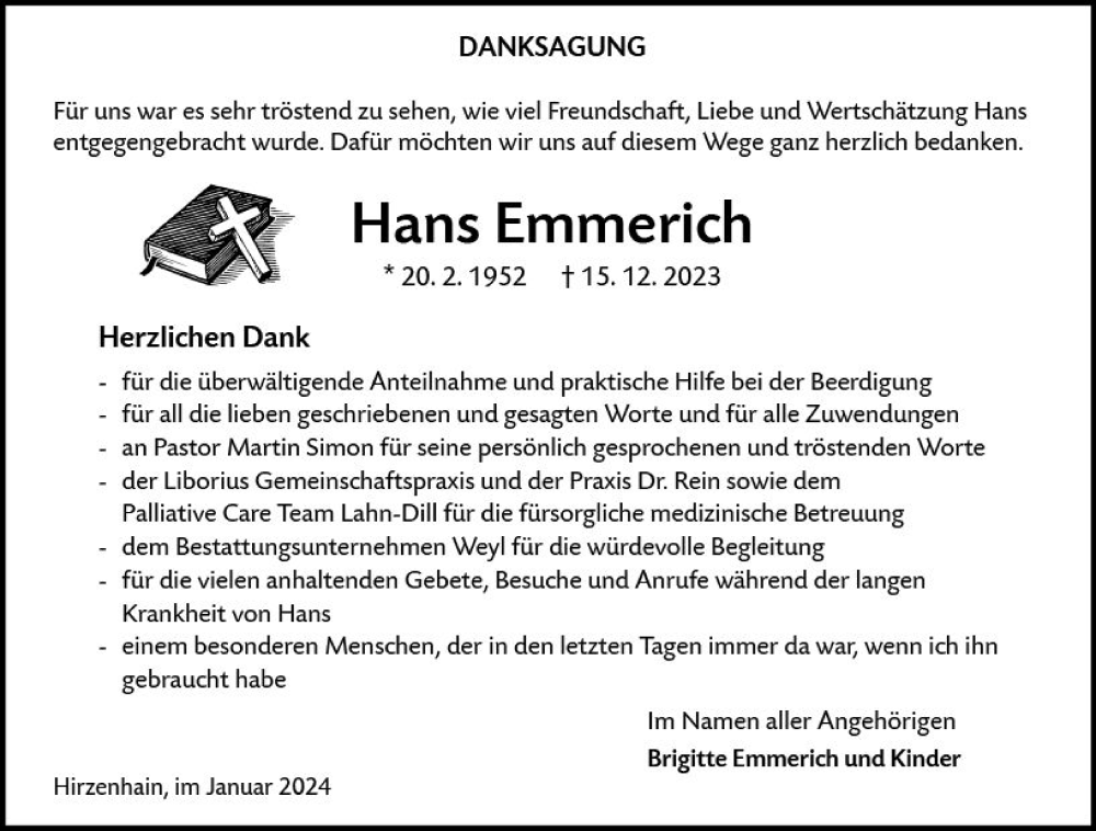  Traueranzeige für Hans Emmerich vom 13.01.2024 aus Dill Block