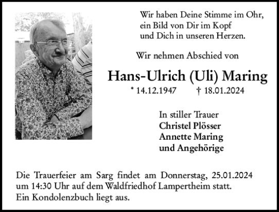 Traueranzeige von Hans-Ulrich  Maring von Starkenburger Echo