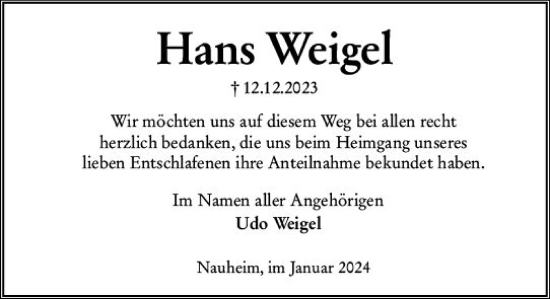 Traueranzeige von Hans Weigel von Groß-Gerauer Echo