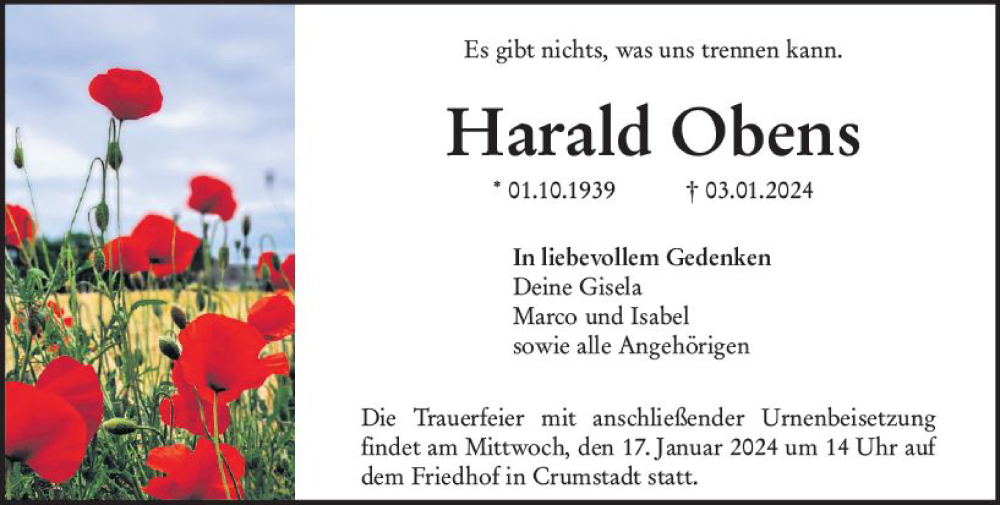 Traueranzeige für Harald Obens vom 13.01.2024 aus Groß-Gerauer Echo