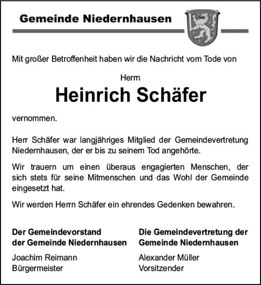  Traueranzeige für Heinrich Schäfer vom 16.01.2024 aus Idsteiner Land/Untertaunus