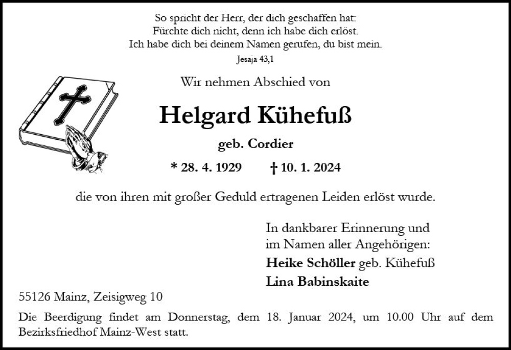  Traueranzeige für Helgard Kühefuß vom 13.01.2024 aus Allgemeine Zeitung Mainz