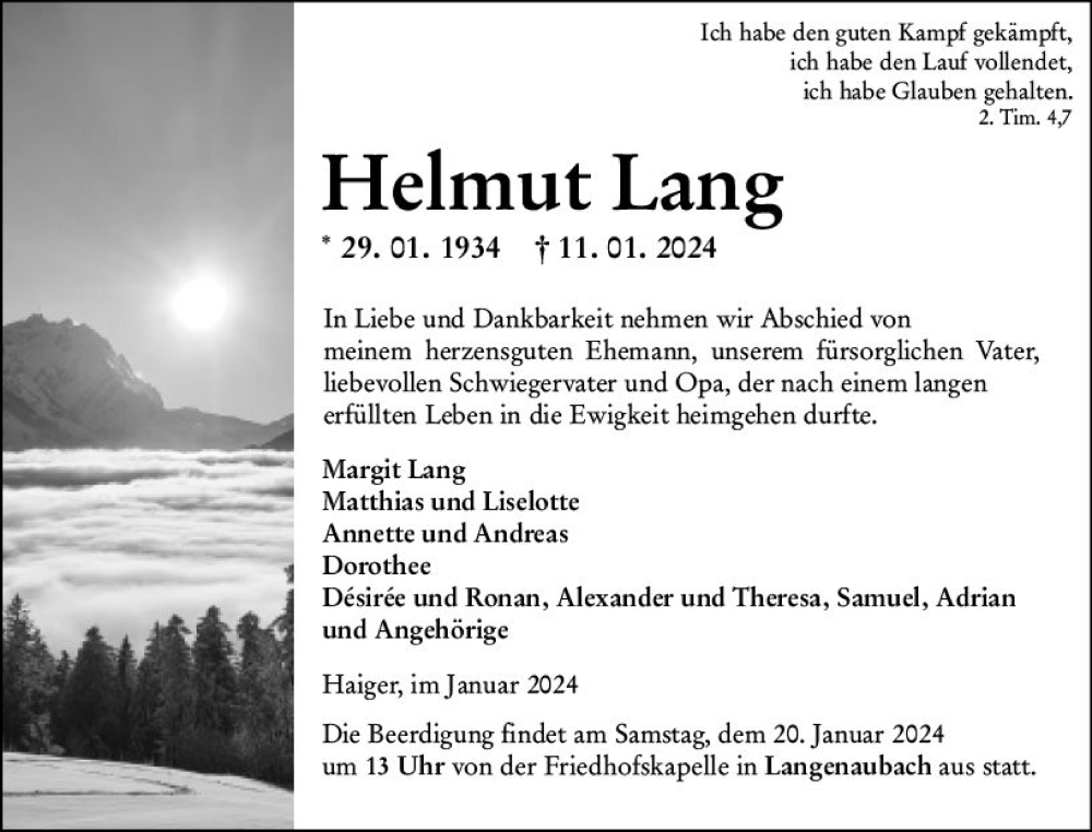  Traueranzeige für Helmut Lang vom 17.01.2024 aus Dill Block