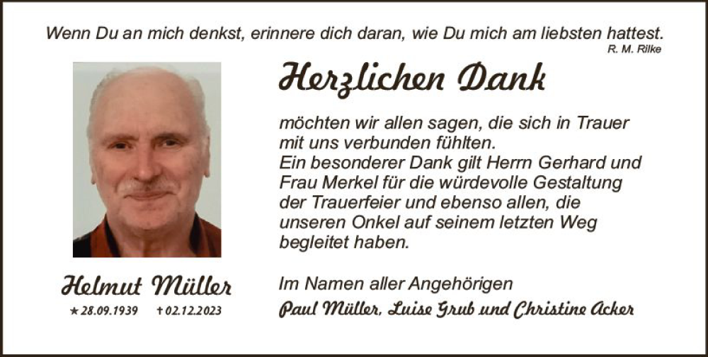  Traueranzeige für Helmut Müller vom 27.01.2024 aus Allgemeine Zeitung Mainz